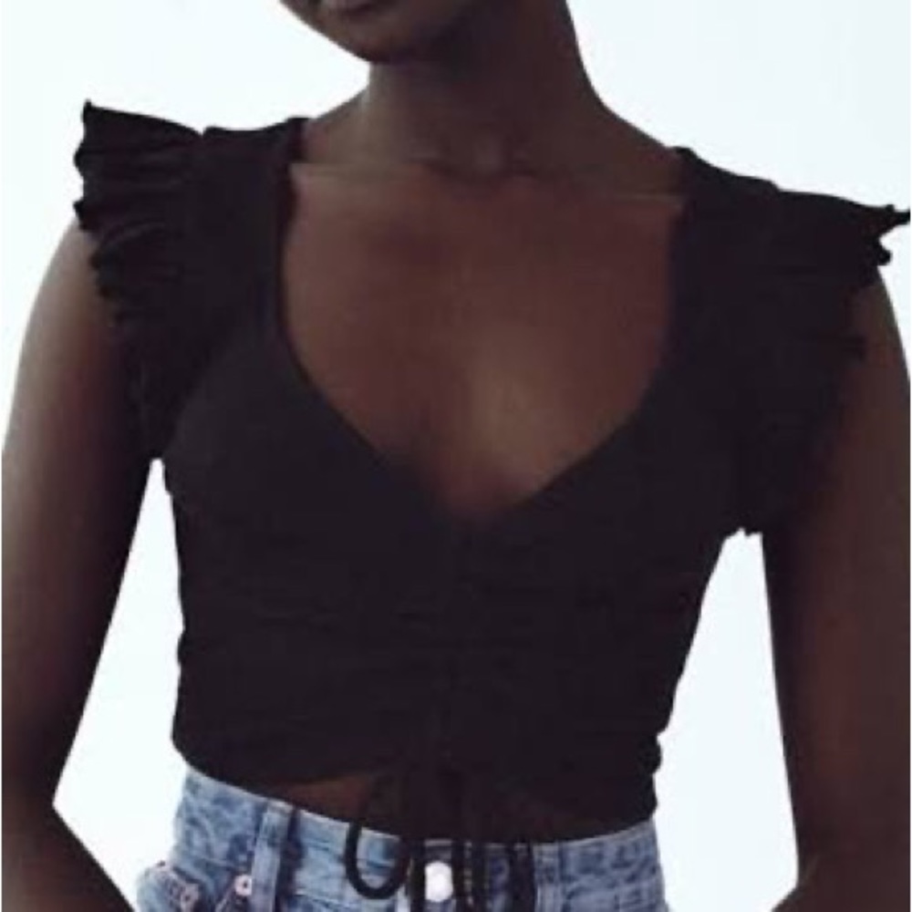 Zara Black Ruffle Ruched Short Sleeve Top Size M
